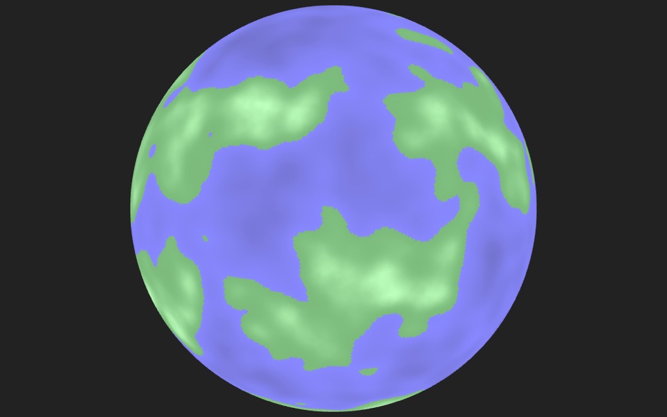 A geodesic polyhedron shaded by procedural terrain