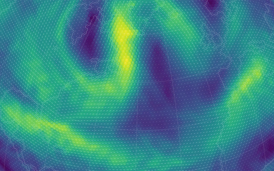Wind speed at 250 hPa on the globe, with the jet streams as bright bands