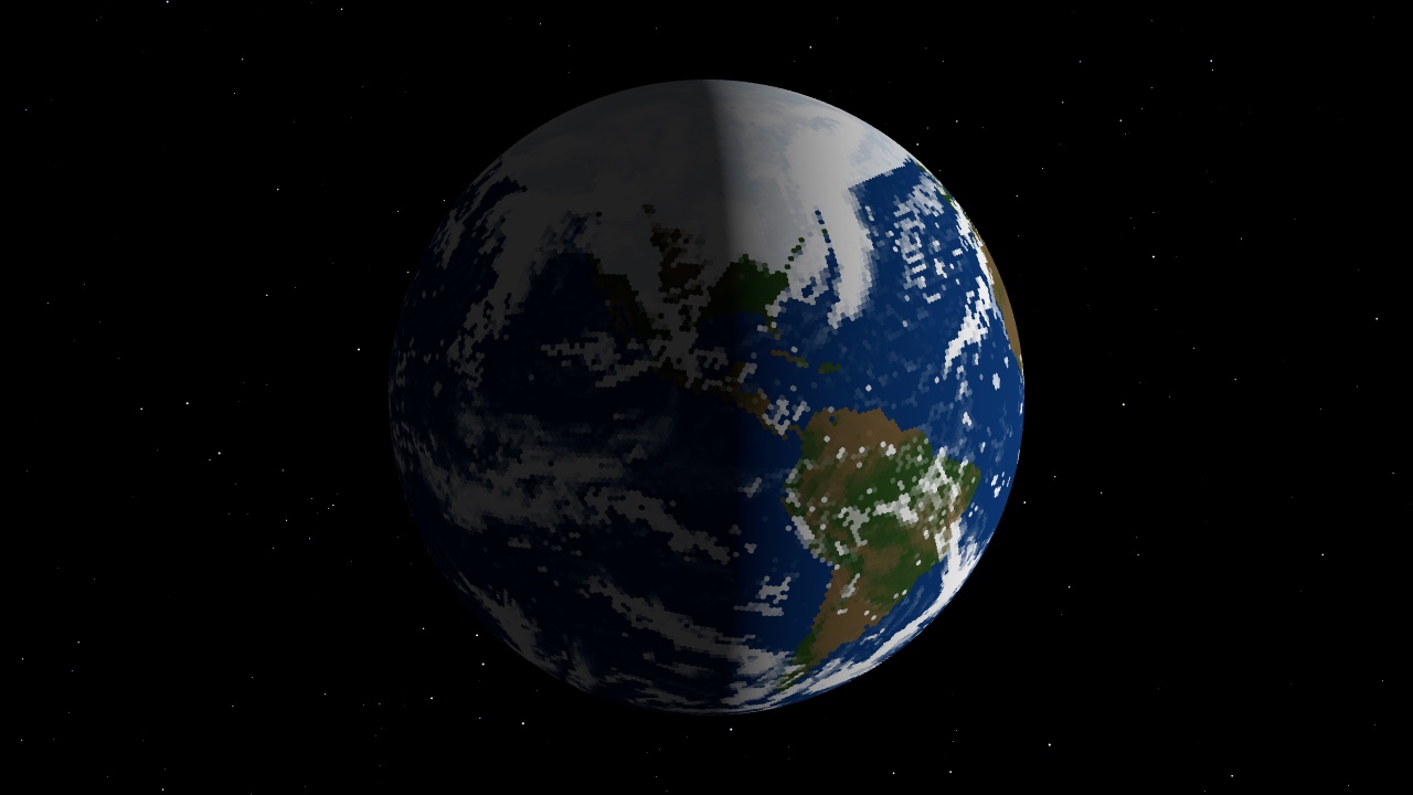 The simulated Earth seen from space, with clouds, sea ice and the day–night terminator